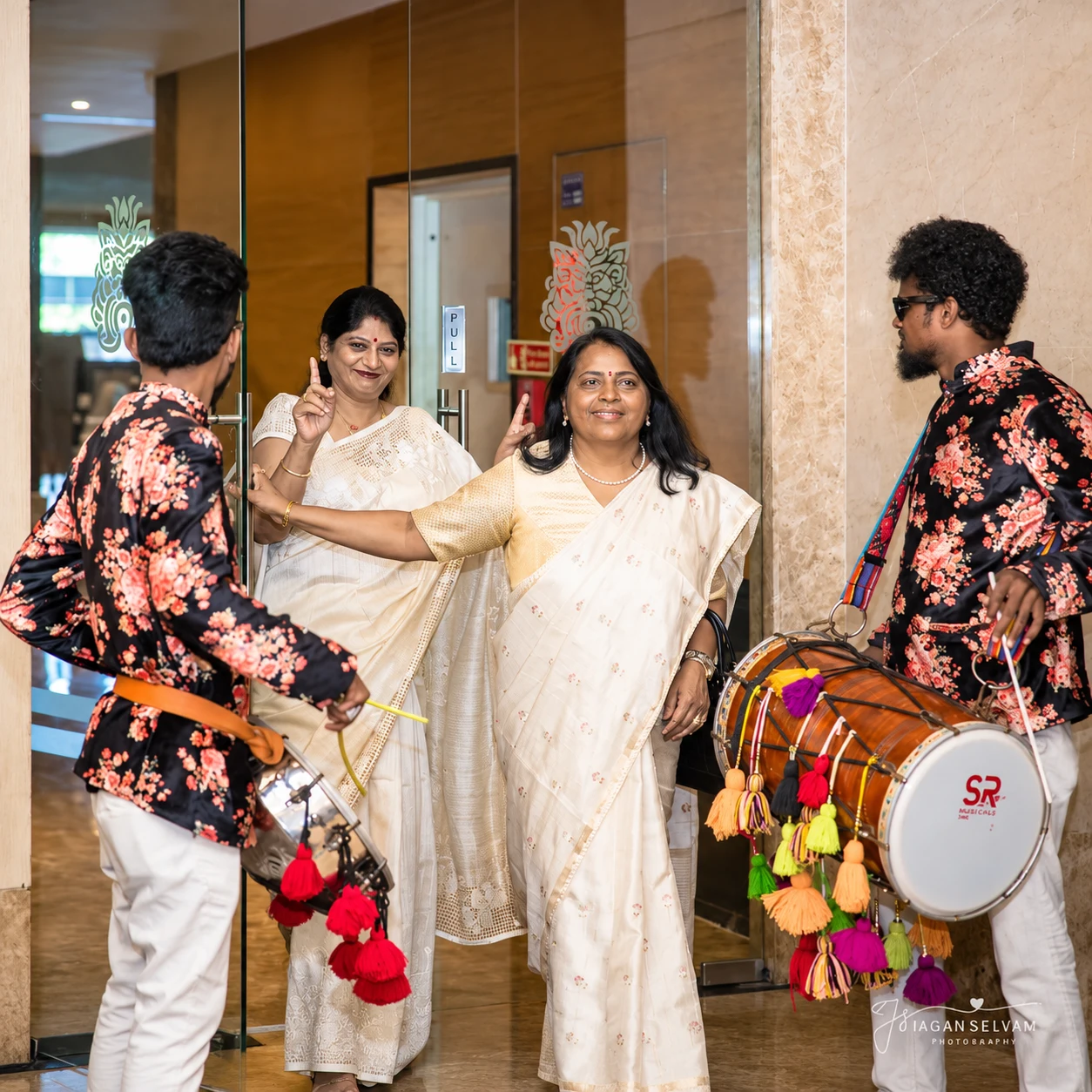 Drummers Welcome in Cream Sarees