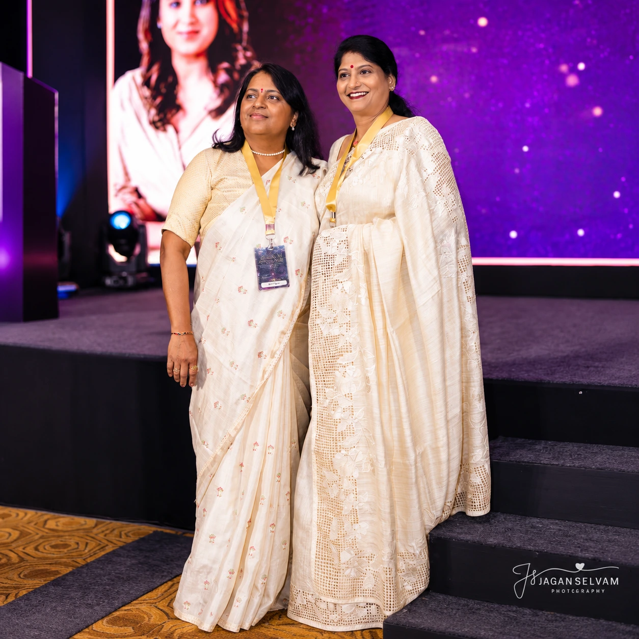 Elegant Saree Portraits on Purple Stage